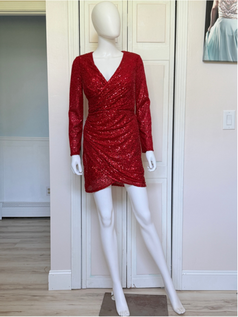 Size 8 Amelia Couture Red Sequin Mini Dress Homecoming Hoco Long Sleeves